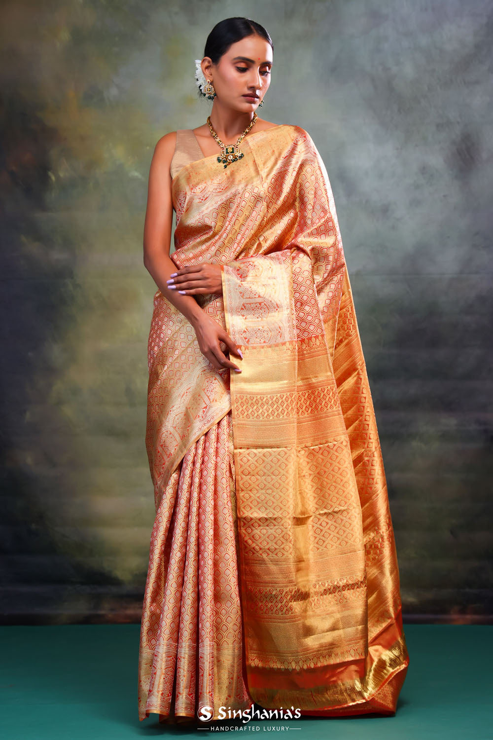 Jalli Kanjivaram Silk Saree In Blushing Peach