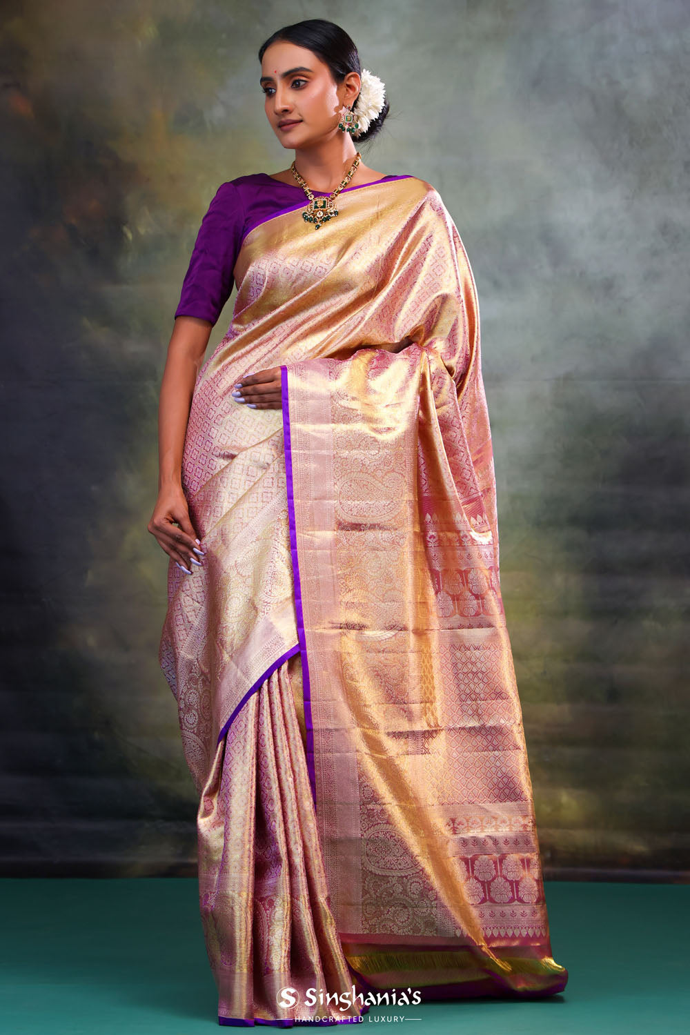 Mauve Gold Jaali Kanjivaram Silk Saree