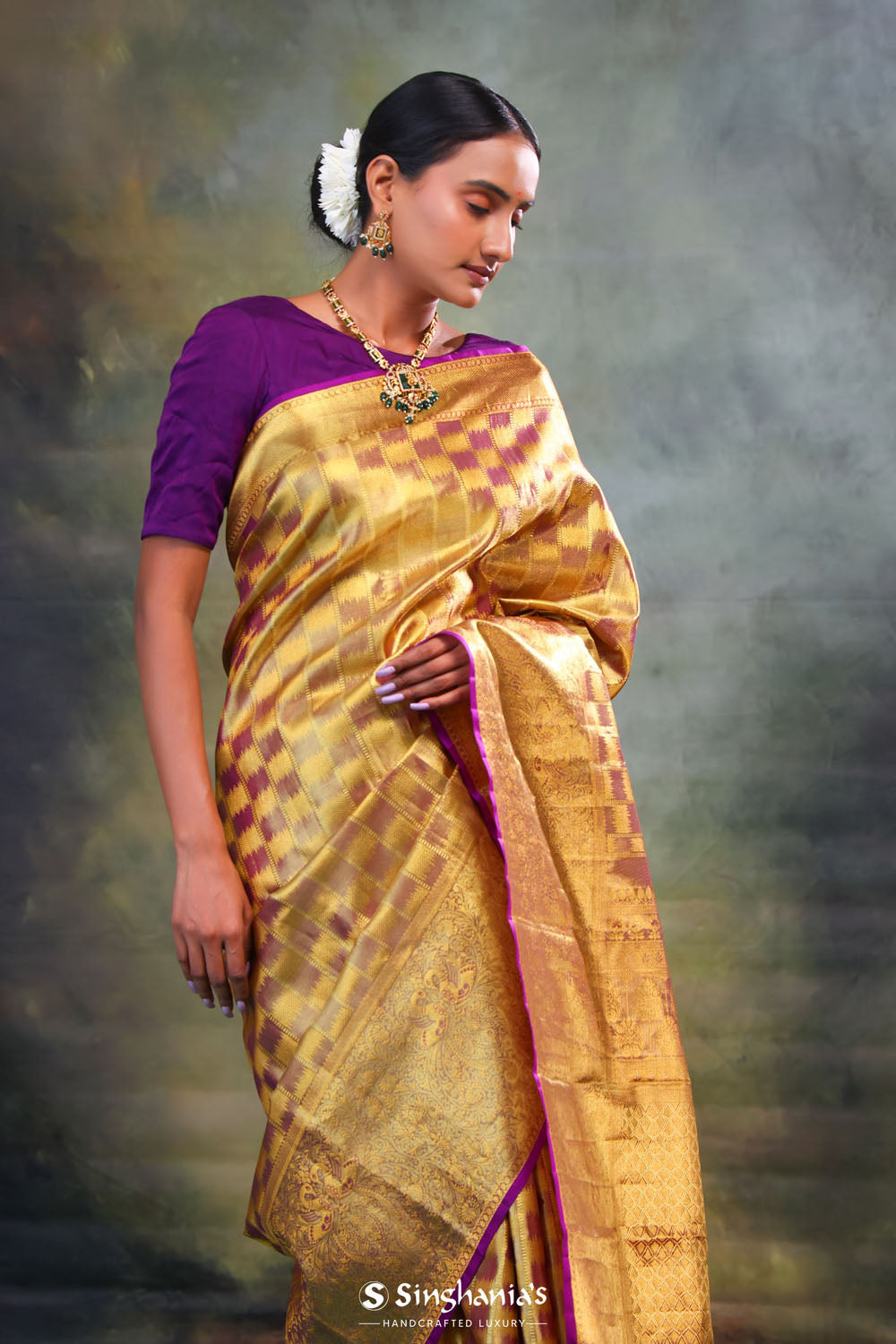 Jalli Kanjivaram Silk Saree In Brown Gold