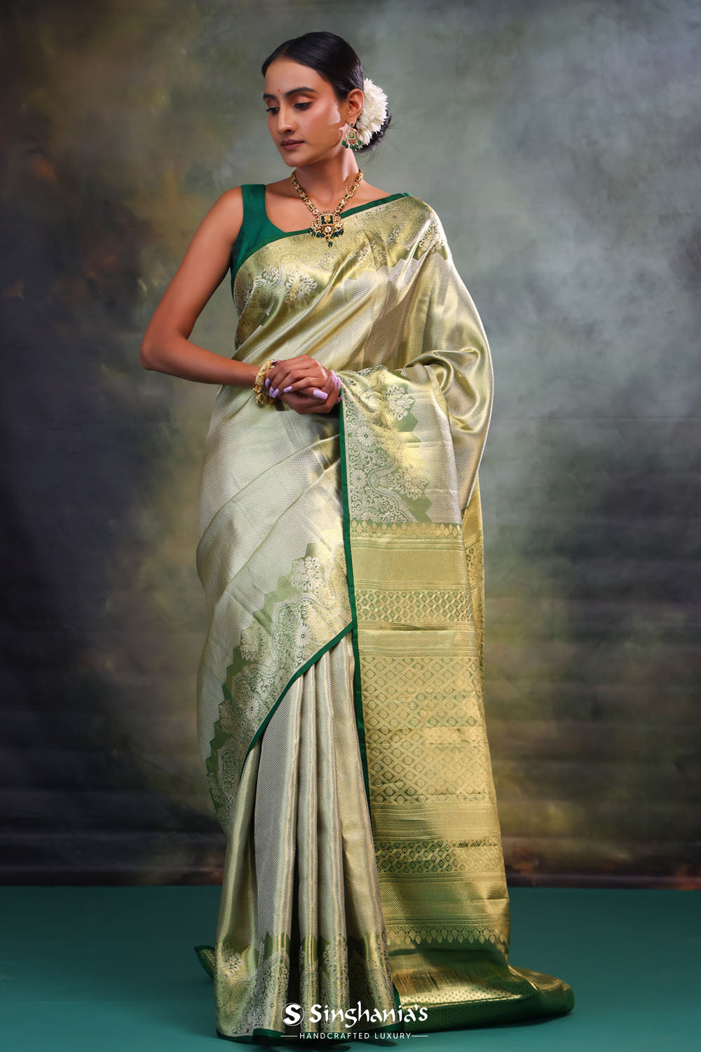 Gold Green Kanjivaram Silk Saree With Broad Border