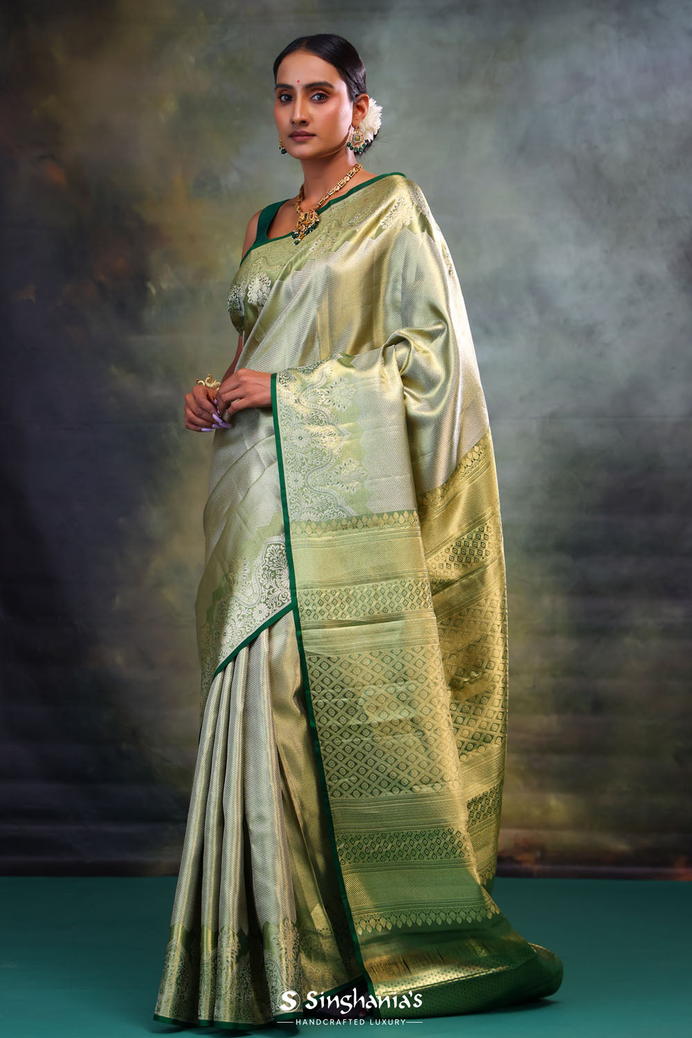 Gold Green Kanjivaram Silk Saree With Broad Border