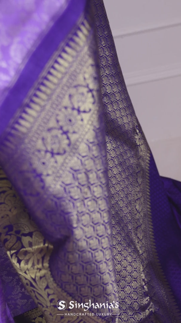 Dark brinjal purple soft silk saree with zari buttas, contrast traditional  design zari border & intricate pallu