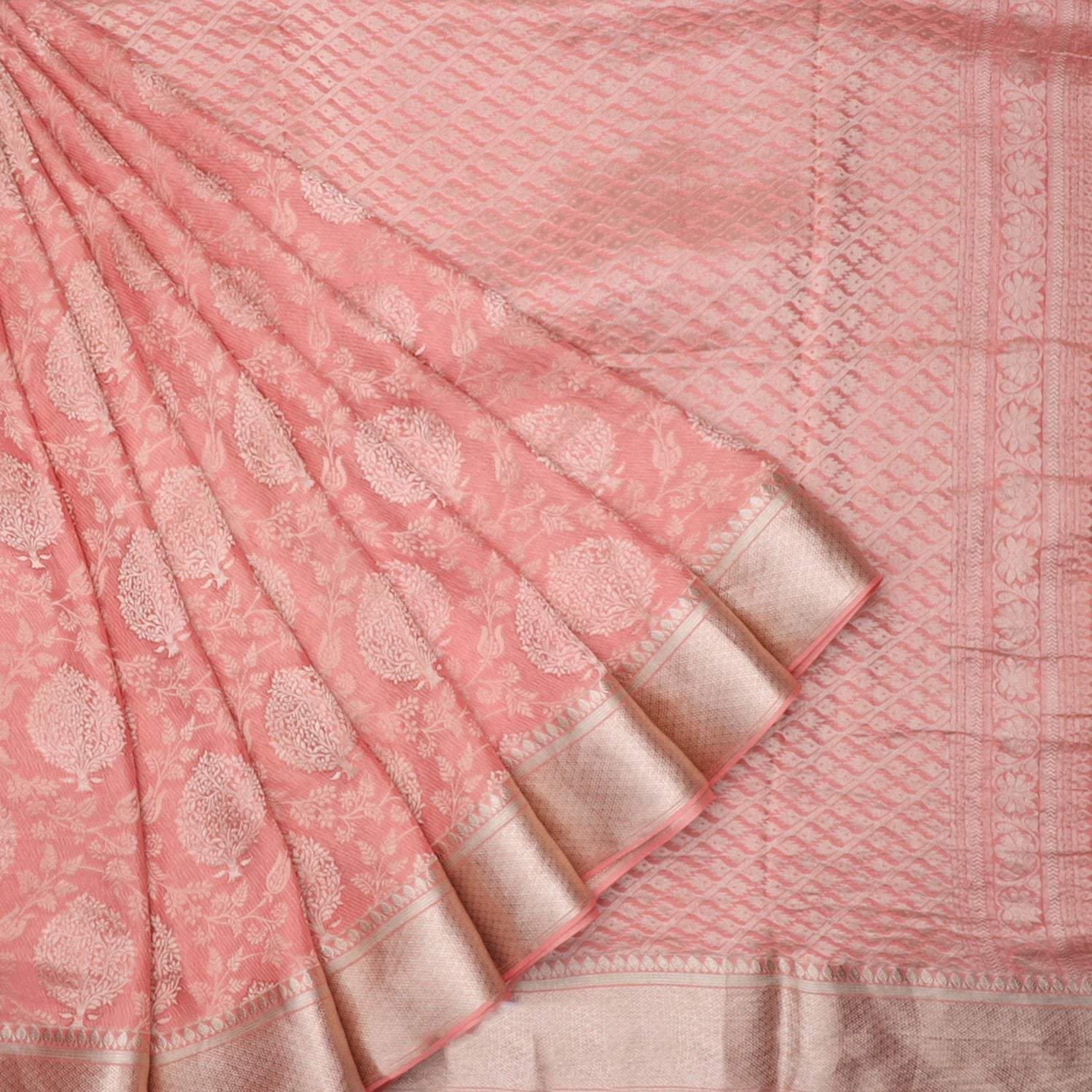 Flamingo Pink Banarasi Silk Handloom Saree With Floral Jaal Pattern - Singhania's