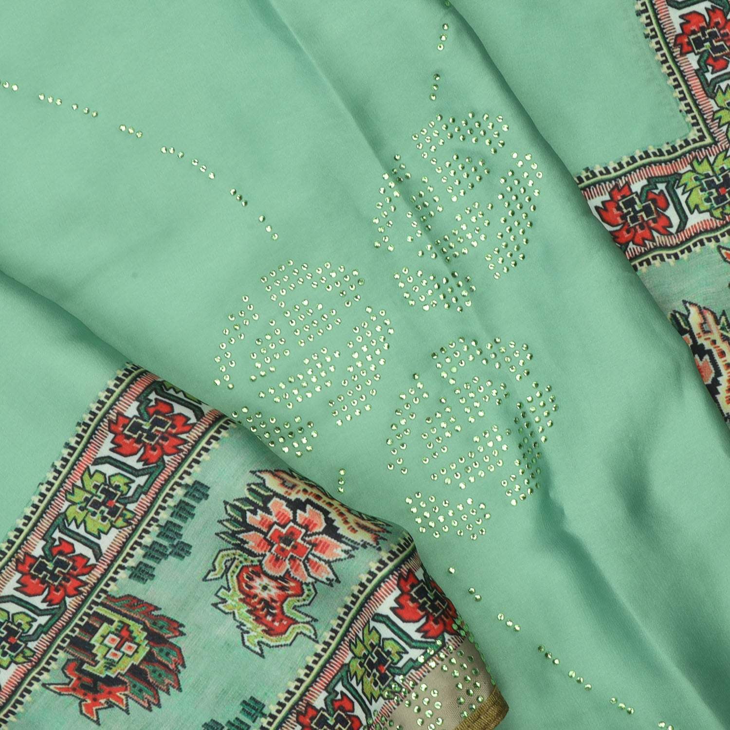 Green Printed Satin Silk Saree With Stone Work - Singhania's
