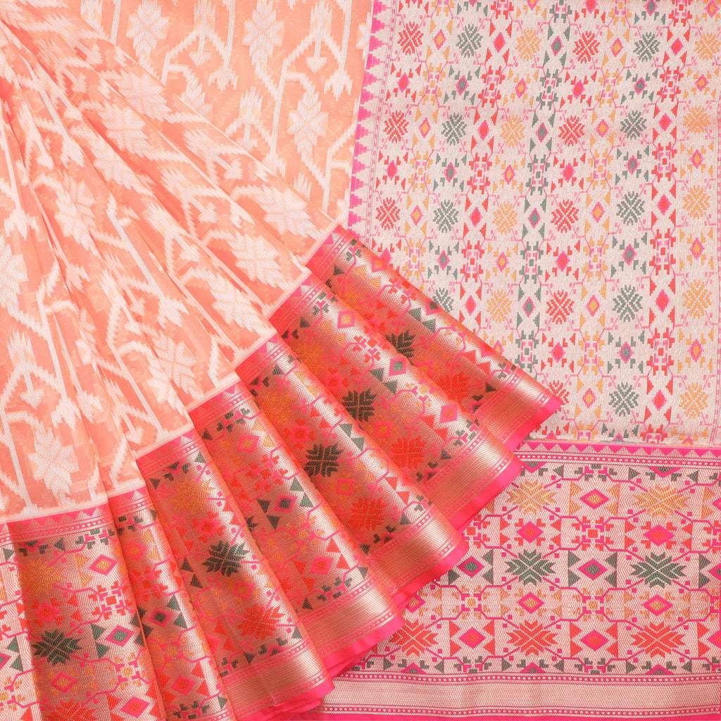 Pastel Orange Organza Saree With Floral Pattern - Singhania's