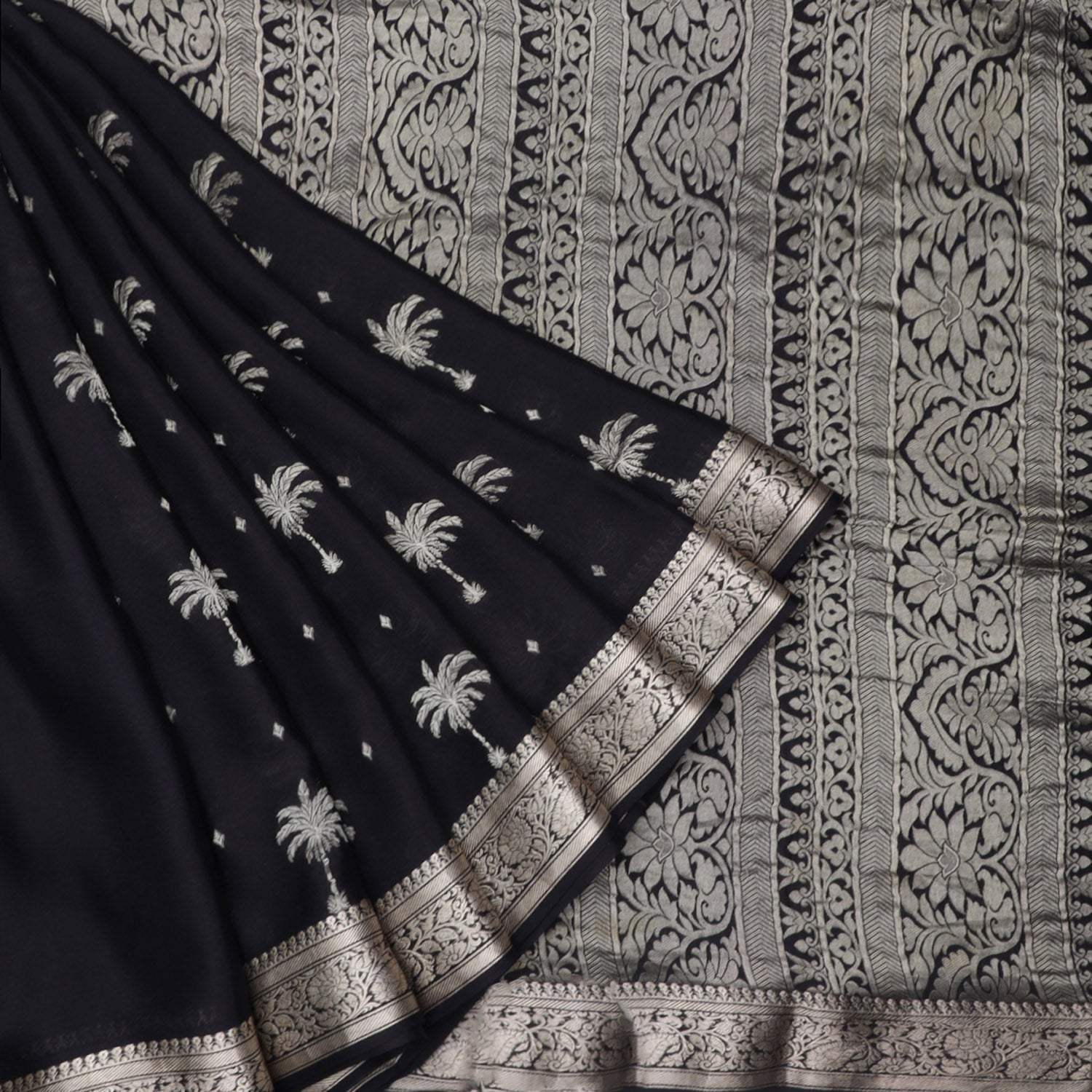Dark Black Banarasi Silk Saree With Tree Motifs - Singhania's