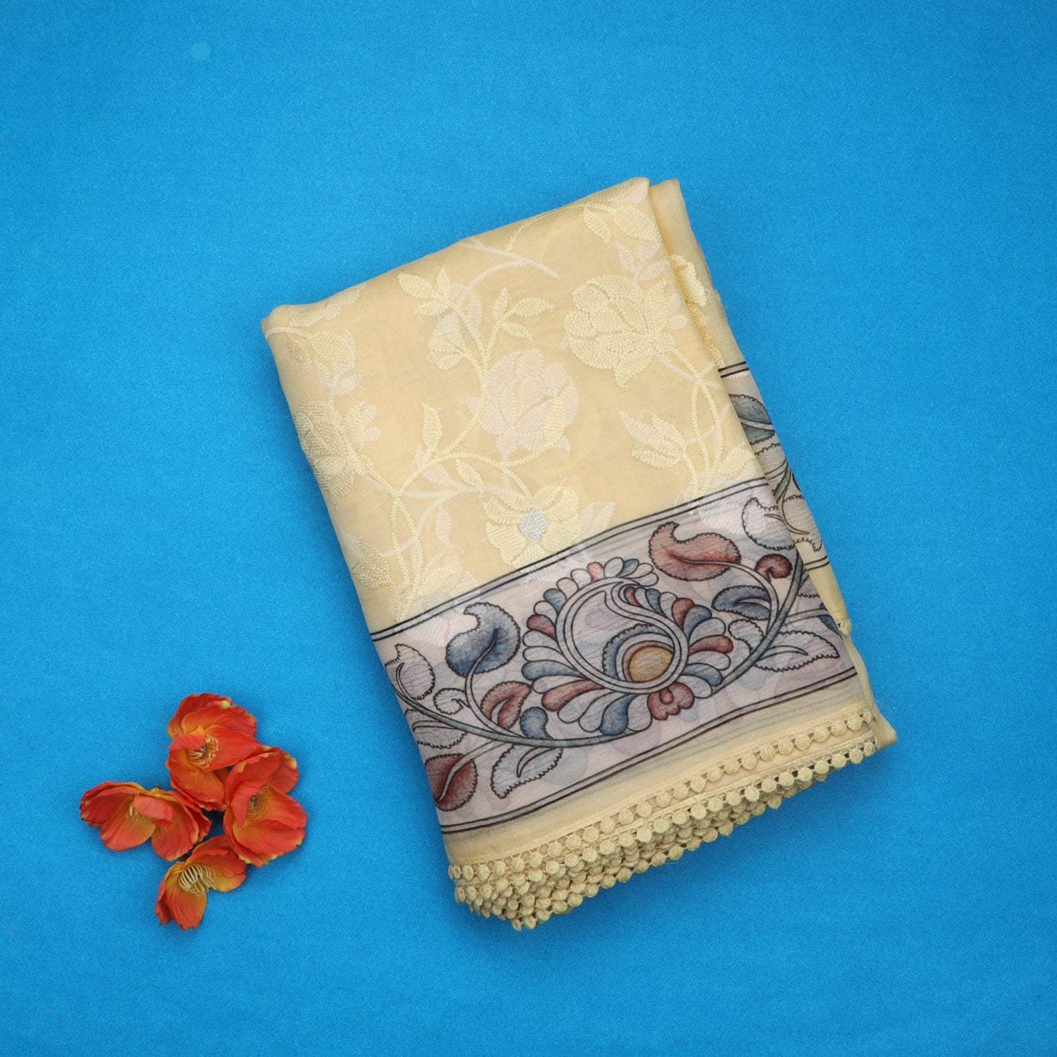 Pastel Yellow Organza Saree With Kalamkari Printed Motif Pattern And Floral Embroidery - Singhania's