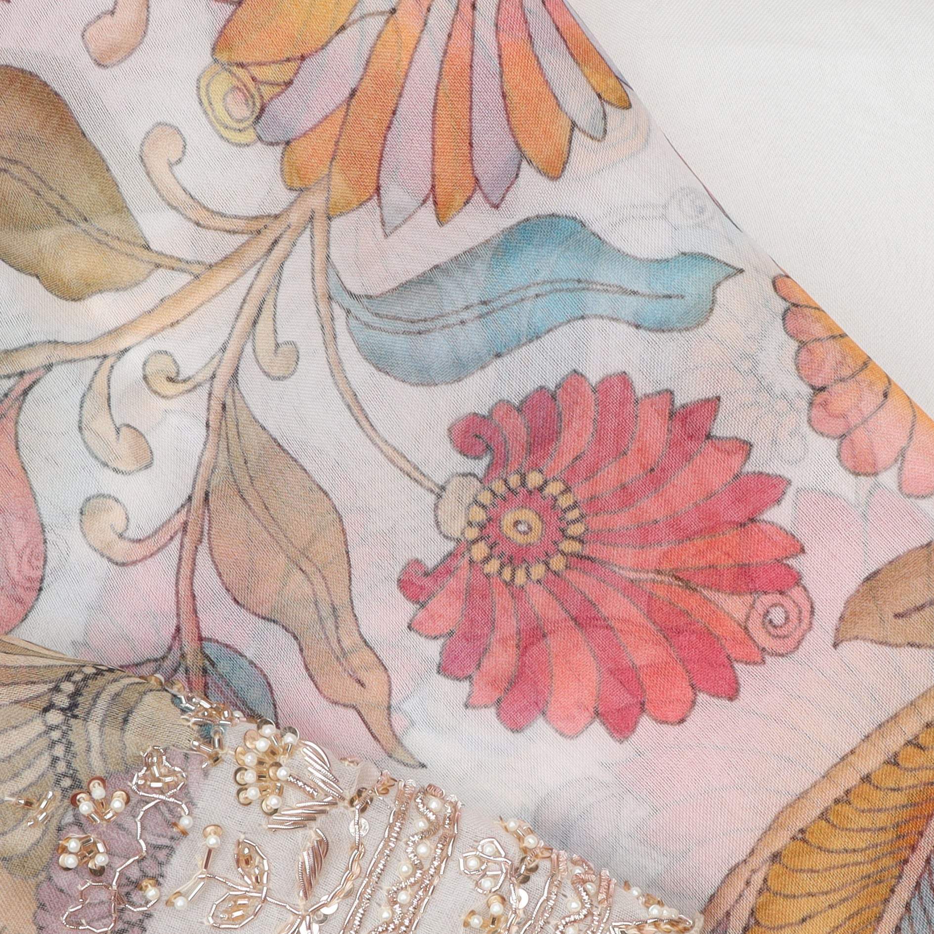 Pastel White Organza Embroidery Saree With Kalamkari Motifs - Singhania's