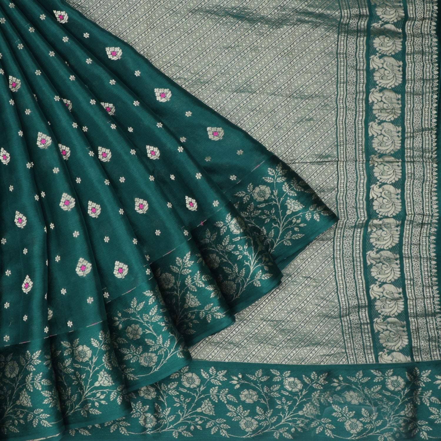 Dark Green Banarasi Silk Saree With Floral Buttis - Singhania's