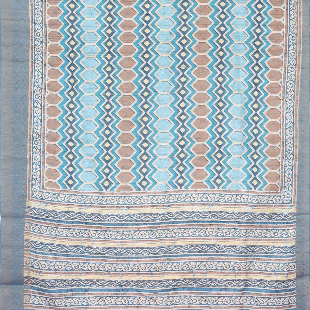 Blue Multicolor Tussar Printed Saree With Hive Pattern - Singhania's