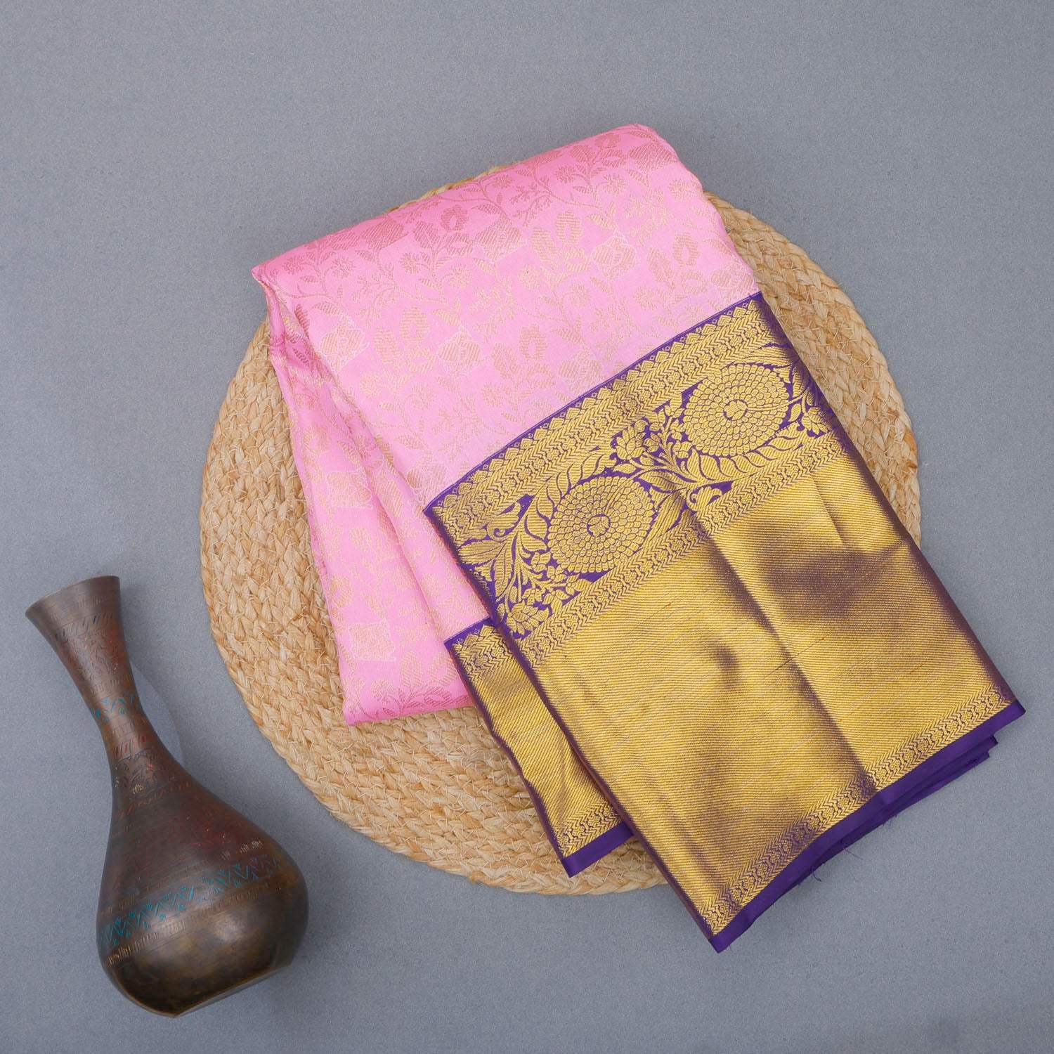 Pastel Pink Kanjivaram Silk Saree With Floral And Mayil Motifs - Singhania's