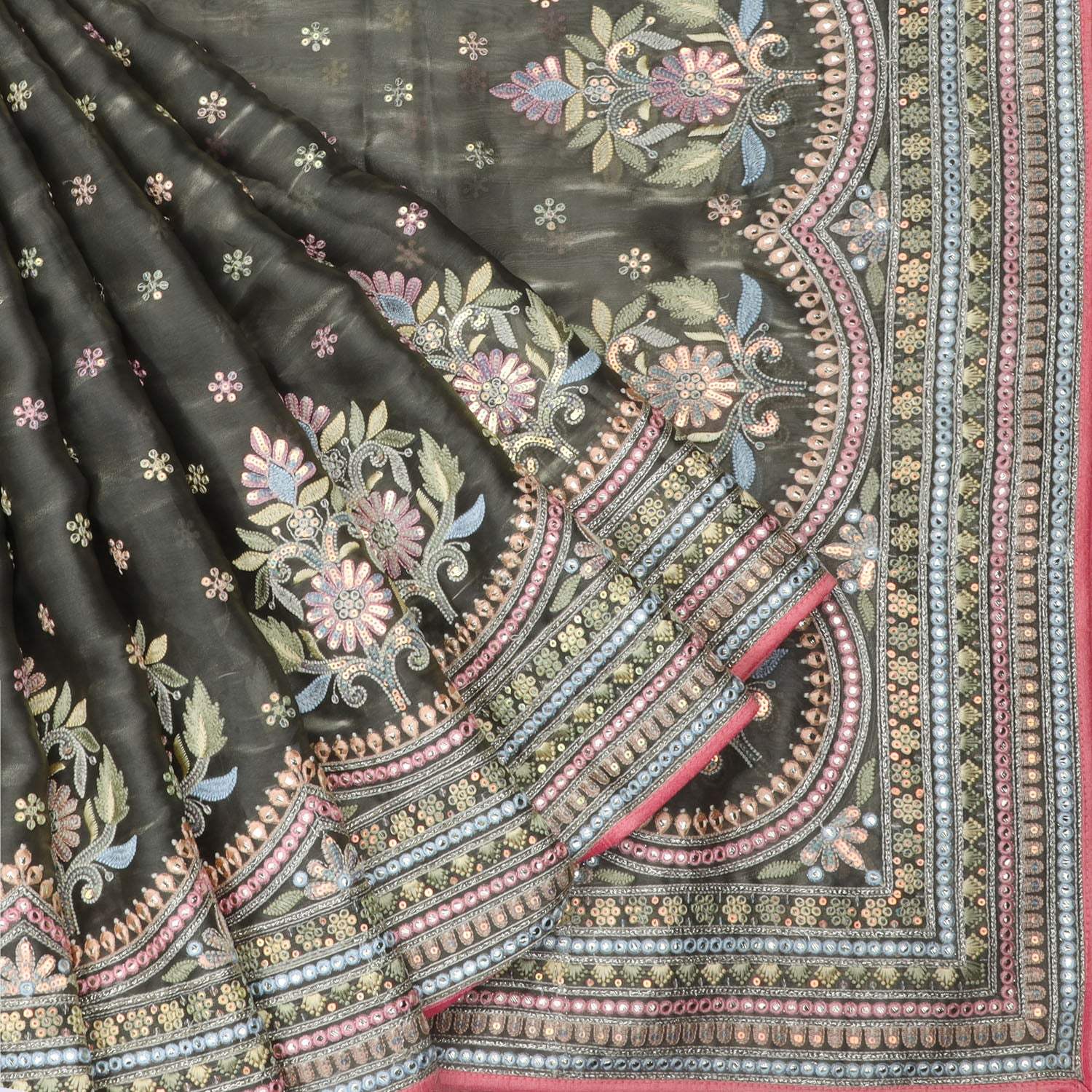 Earthy Grey Green Organza Saree With Floral Embroidery - Singhania's