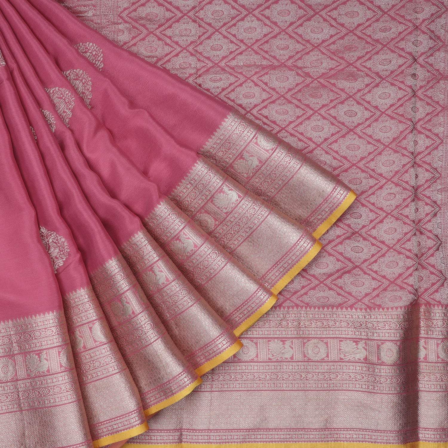 Flamingo Pink Banarasi Silk Saree With Floral Buttas - Singhania's