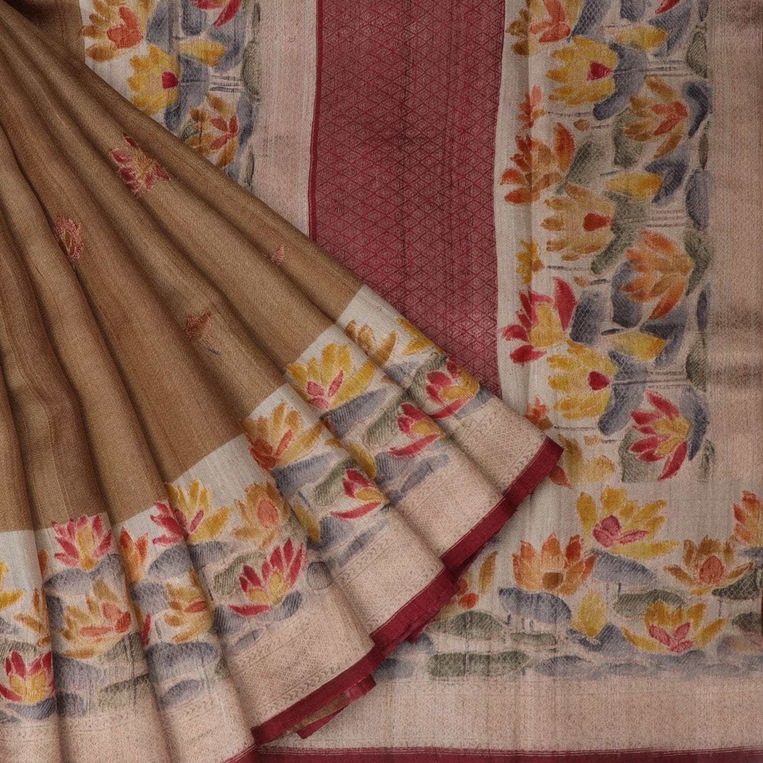 Earthy Brown Tussar Banarasi Silk Handloom Saree With Floral Motifs - Singhania's