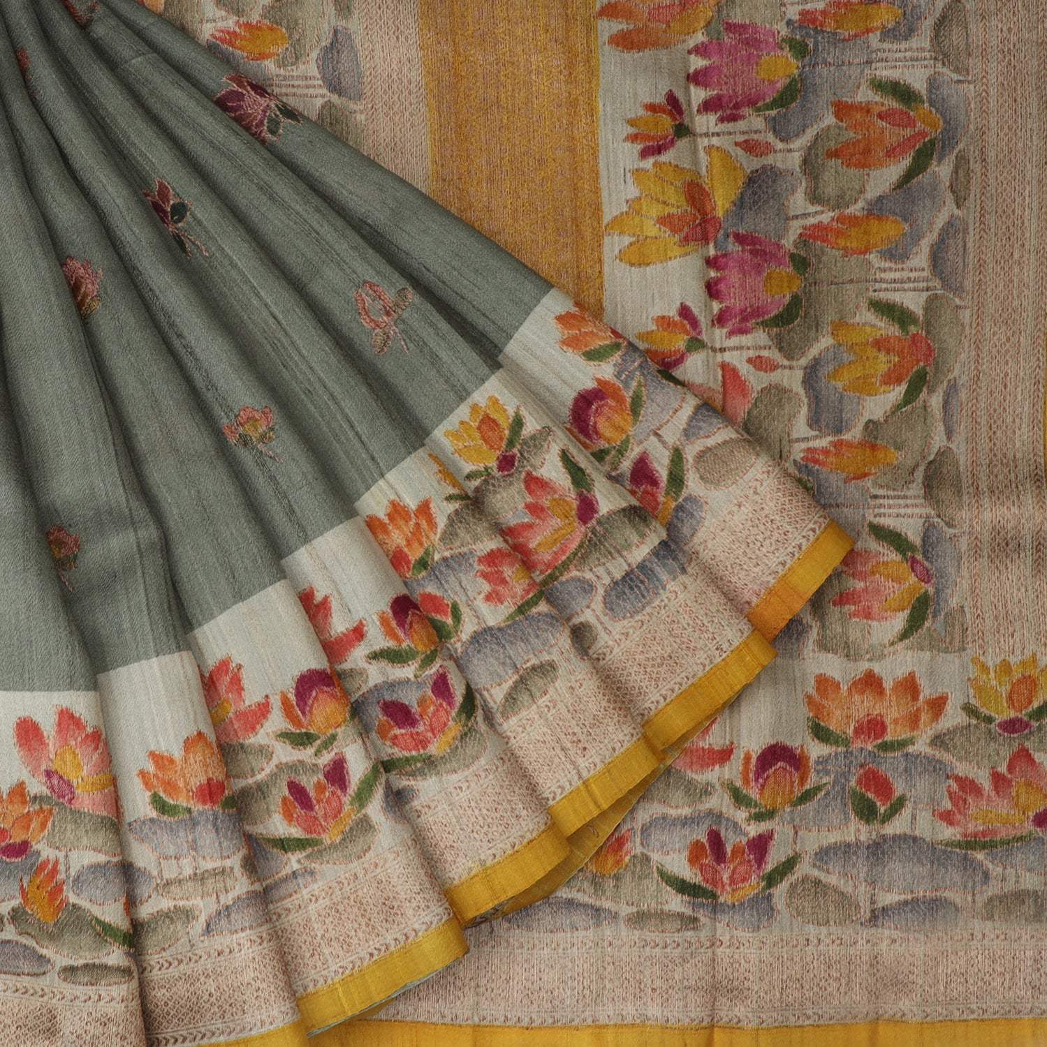 Earthy Grey Tussar Banarasi Silk Handloom Saree With Floral Motifs - Singhania's