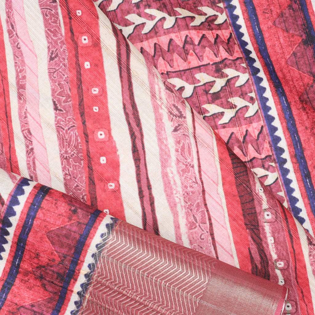 Pink Multicolor Tussar Printed Saree With Diagonal Stripes Pattern - Singhania's