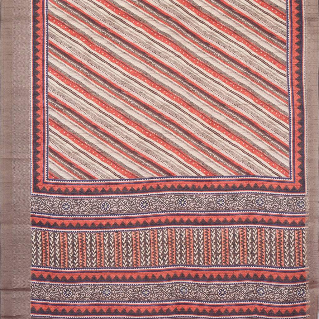 Off-White Multicolor Tussar Printed Saree With Diagonal Stripes Pattern - Singhania's