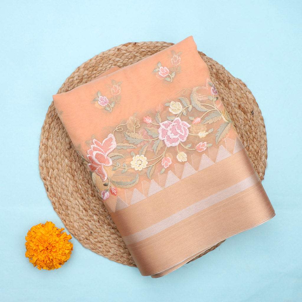 Pastel Orange Organza Saree With Floral Embroidered Pattern - Singhania's