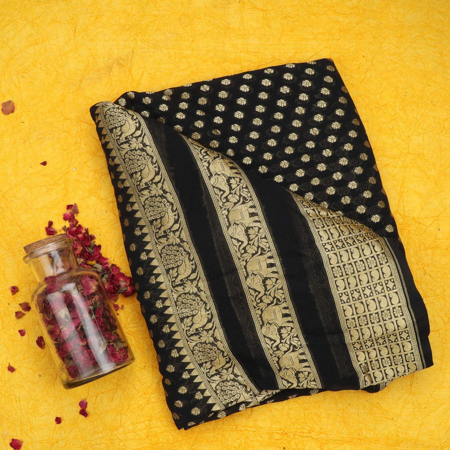 Grease Black Color Georgette Banarasi Saree With Floral Buttis - Singhania's