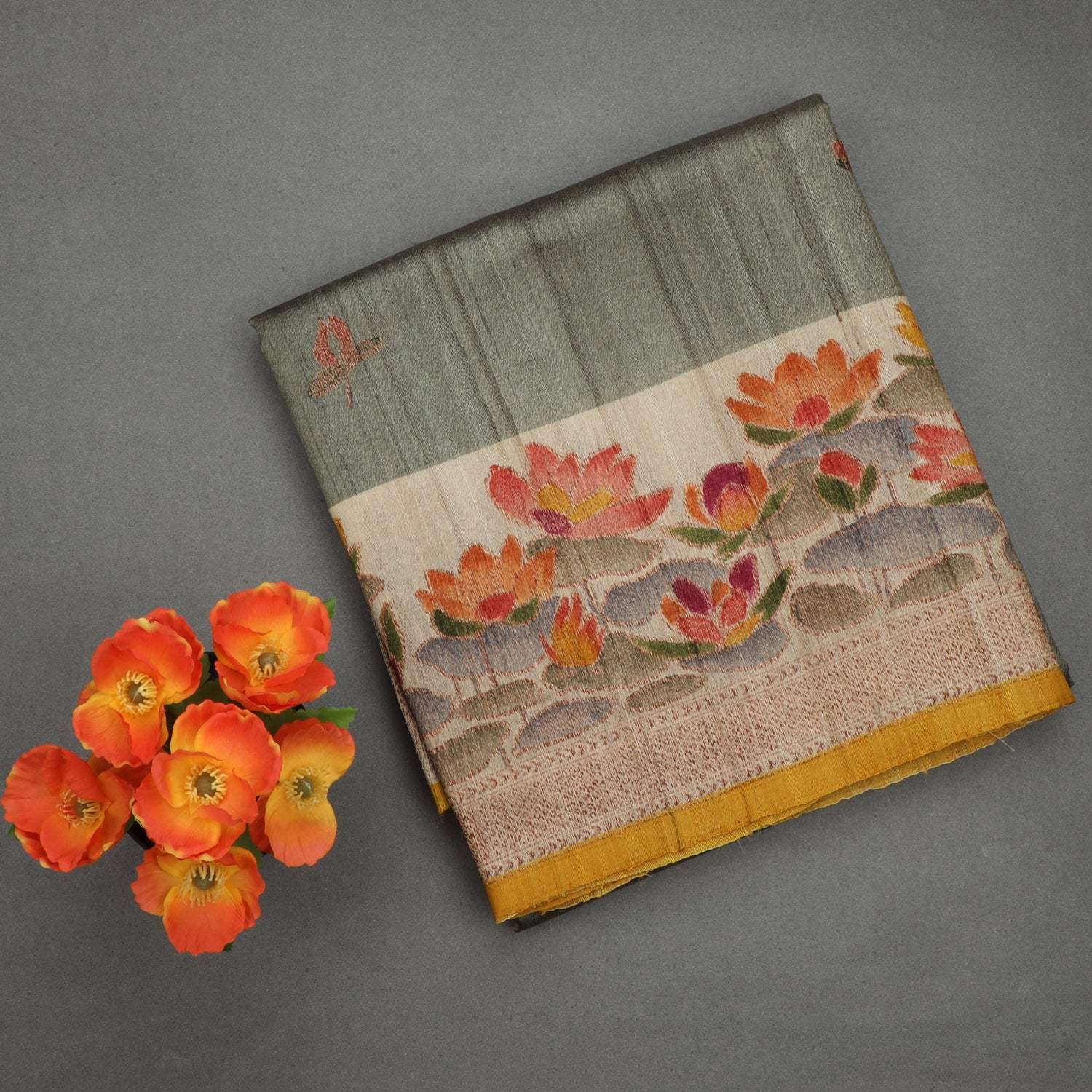 Earthy Grey Tussar Banarasi Silk Handloom Saree With Floral Motifs - Singhania's