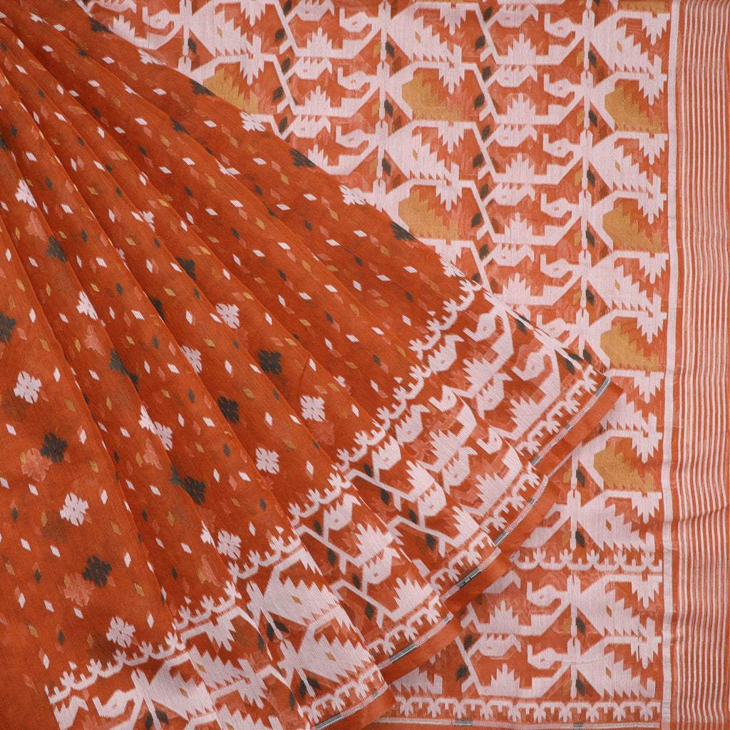 Burnt Orange Soft Net Saree With Geometric Floral Pattern - Singhania's