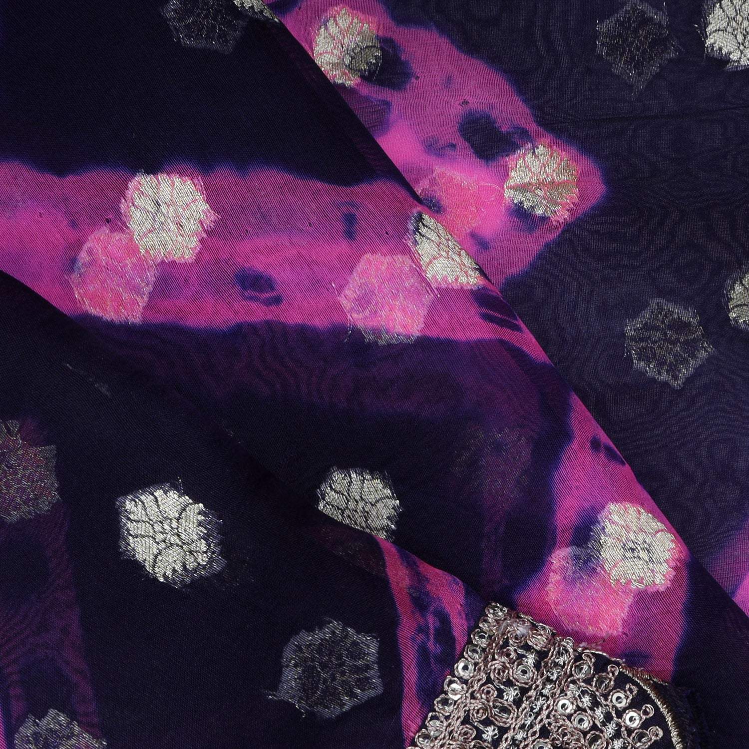 Dark Blue Printed Organza Saree With Sequin Embroidery - Singhania's