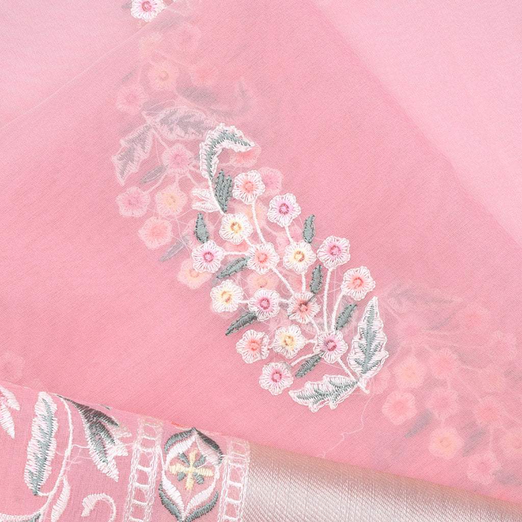 Rose Pink Organza Saree With Floral Embroidered Pattern - Singhania's