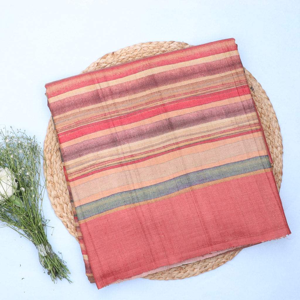 Multicolor Tussar Saree With Printed Striped Pattern - Singhania's