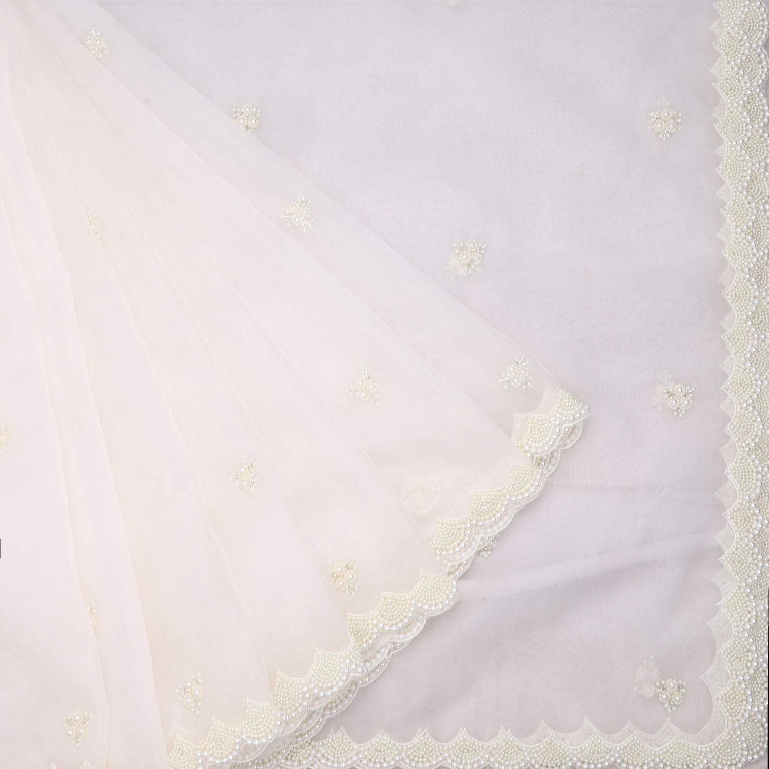 Pure White Organza Saree With Pearl Embroidery - Singhania's