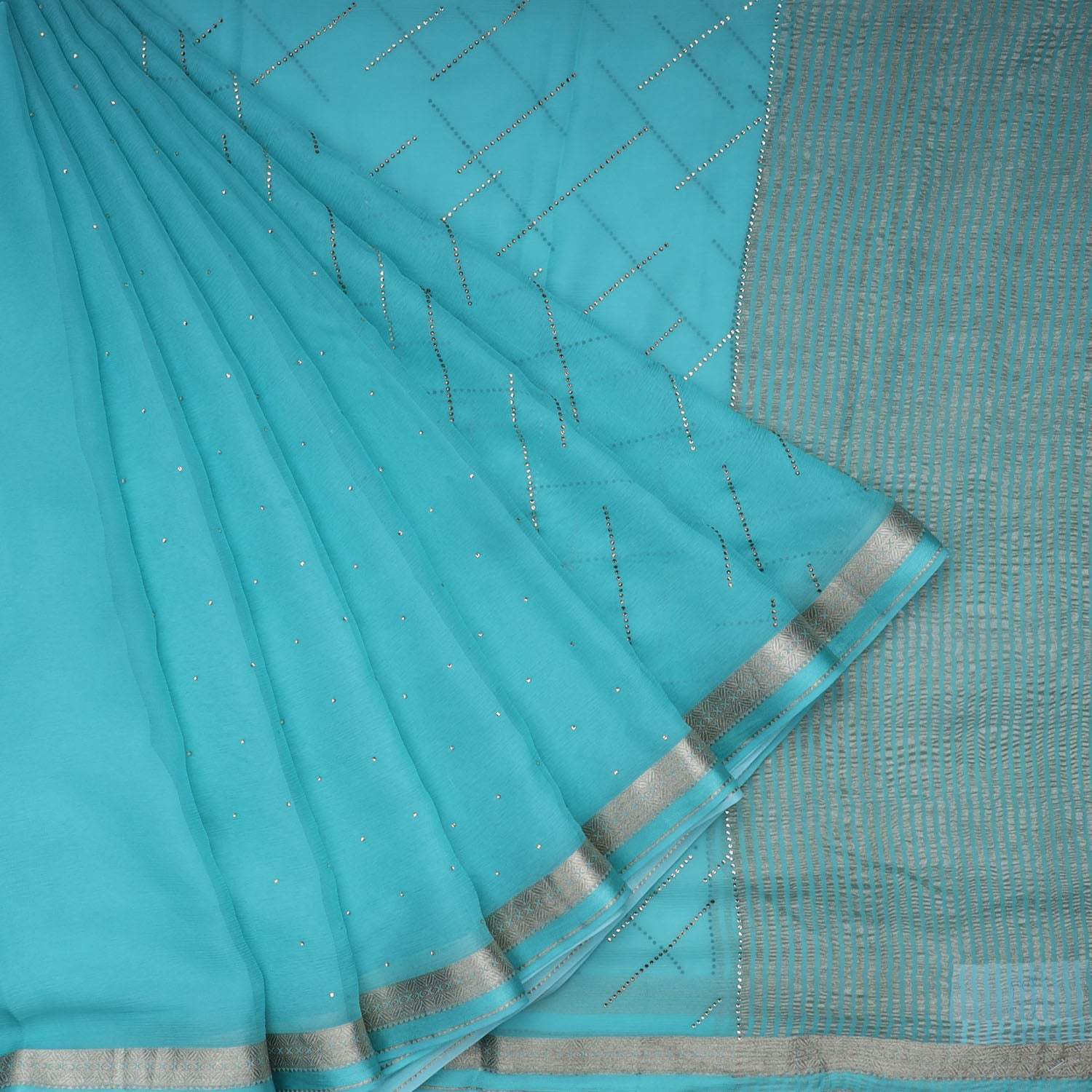 Cyan Blue Chiffon Saree With Embroidered Stone Work - Singhania's