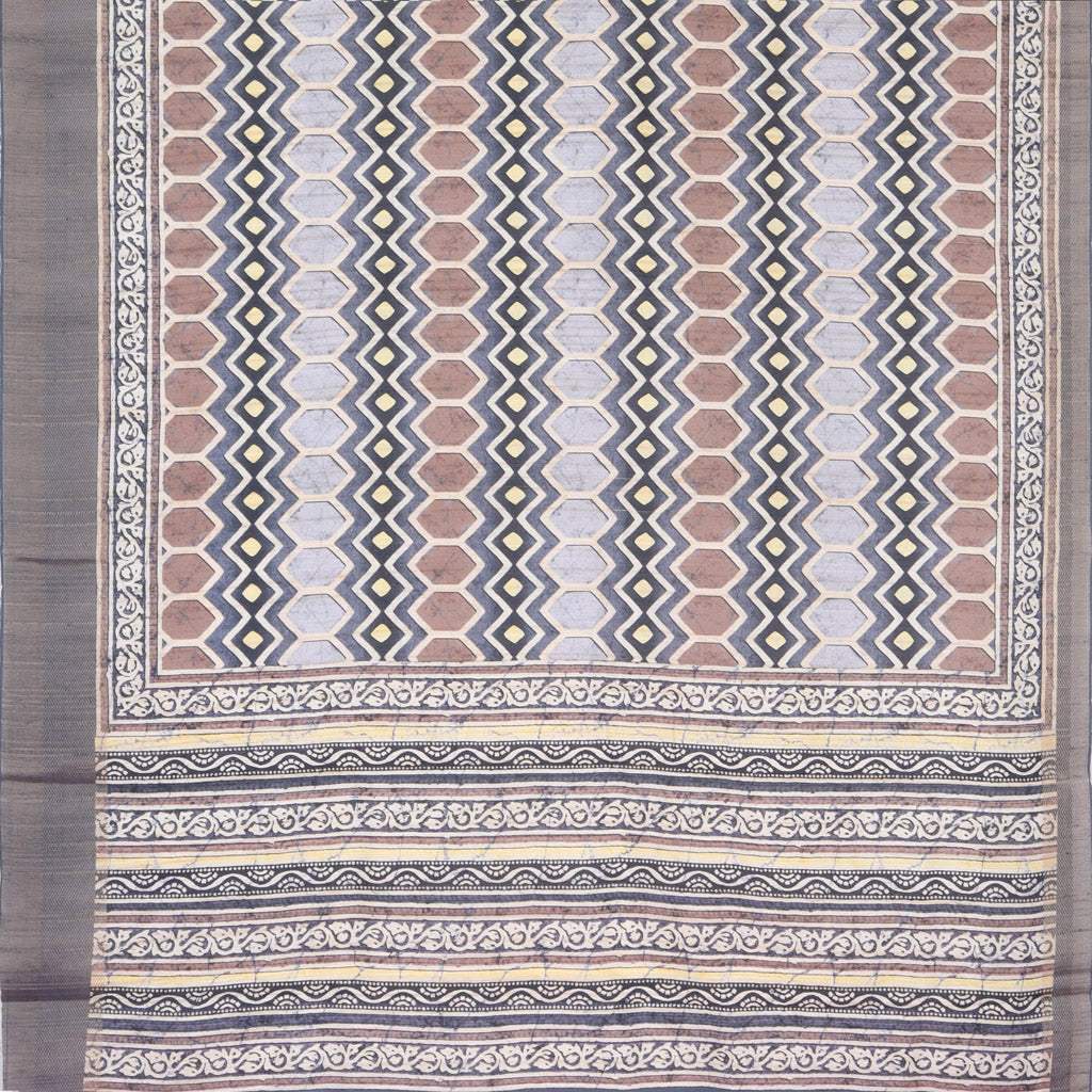 Grey Multicolor Tussar Printed Saree With Hive Pattern - Singhania's