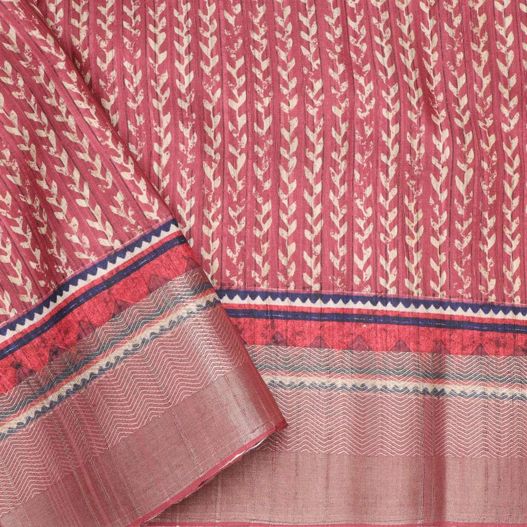 Pink Multicolor Tussar Printed Saree With Diagonal Stripes Pattern - Singhania's