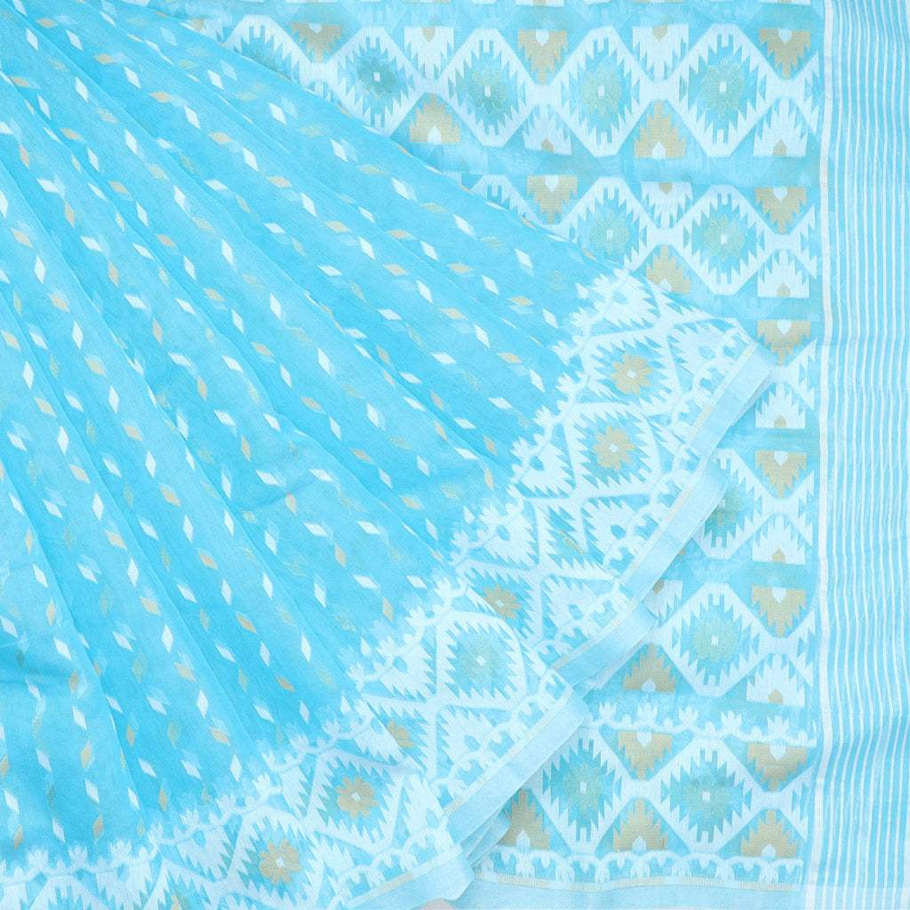 Sky Blue Soft Net Saree With Geometric Floral Pattern - Singhania's