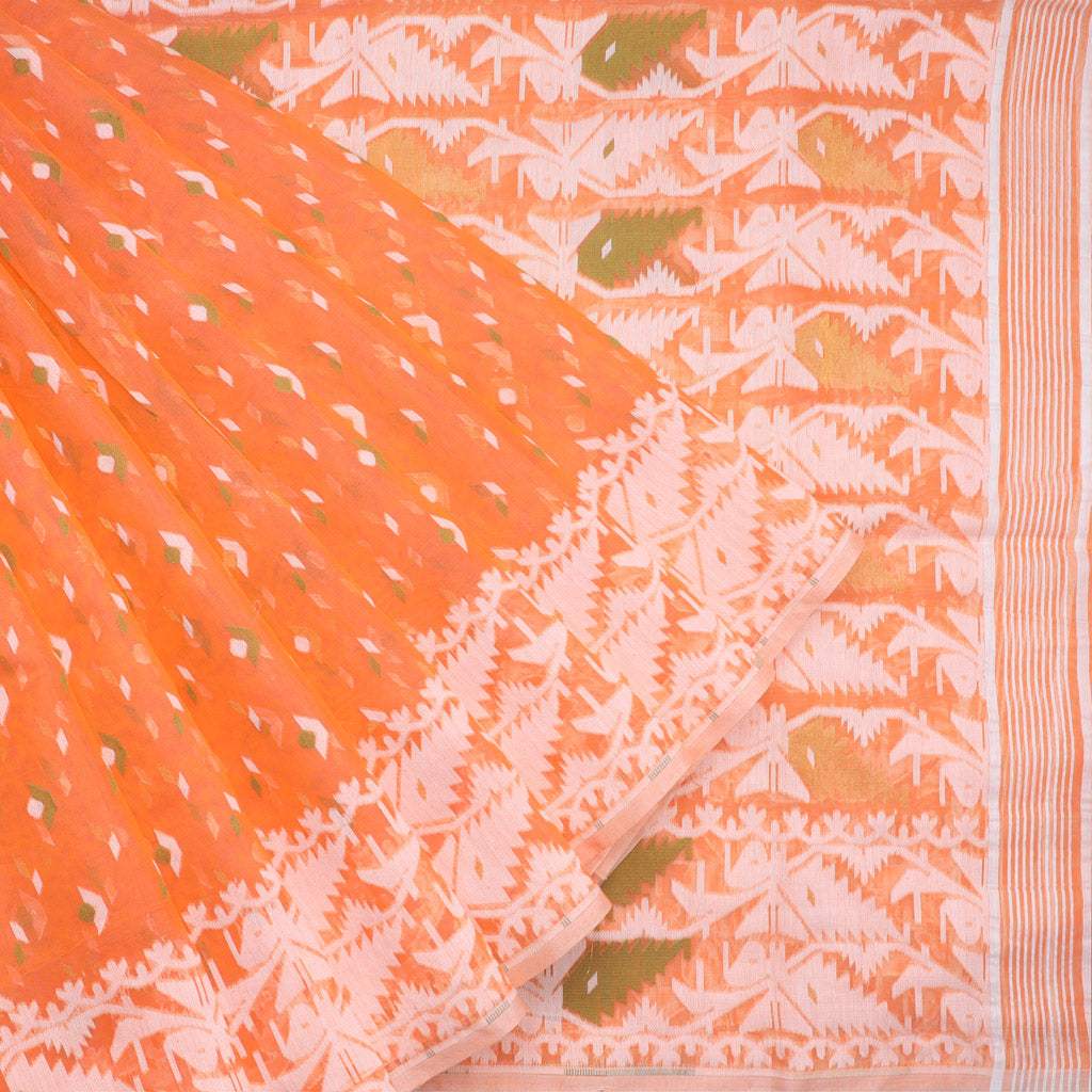 Tangerine Orange Soft Net Saree With Geometric Floral Pattern - Singhania's
