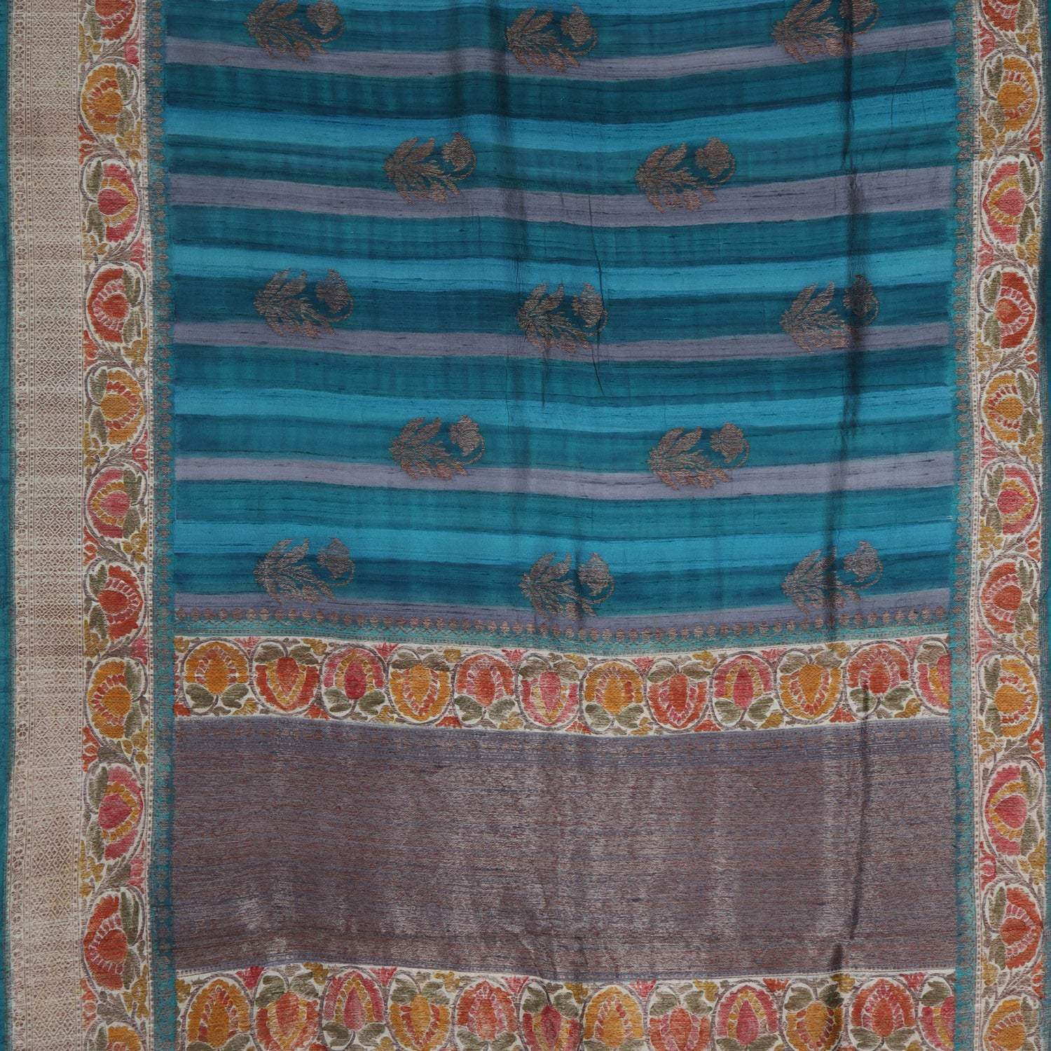 Blue Tussar Banarasi Silk Saree With Floral Motifs - Singhania's