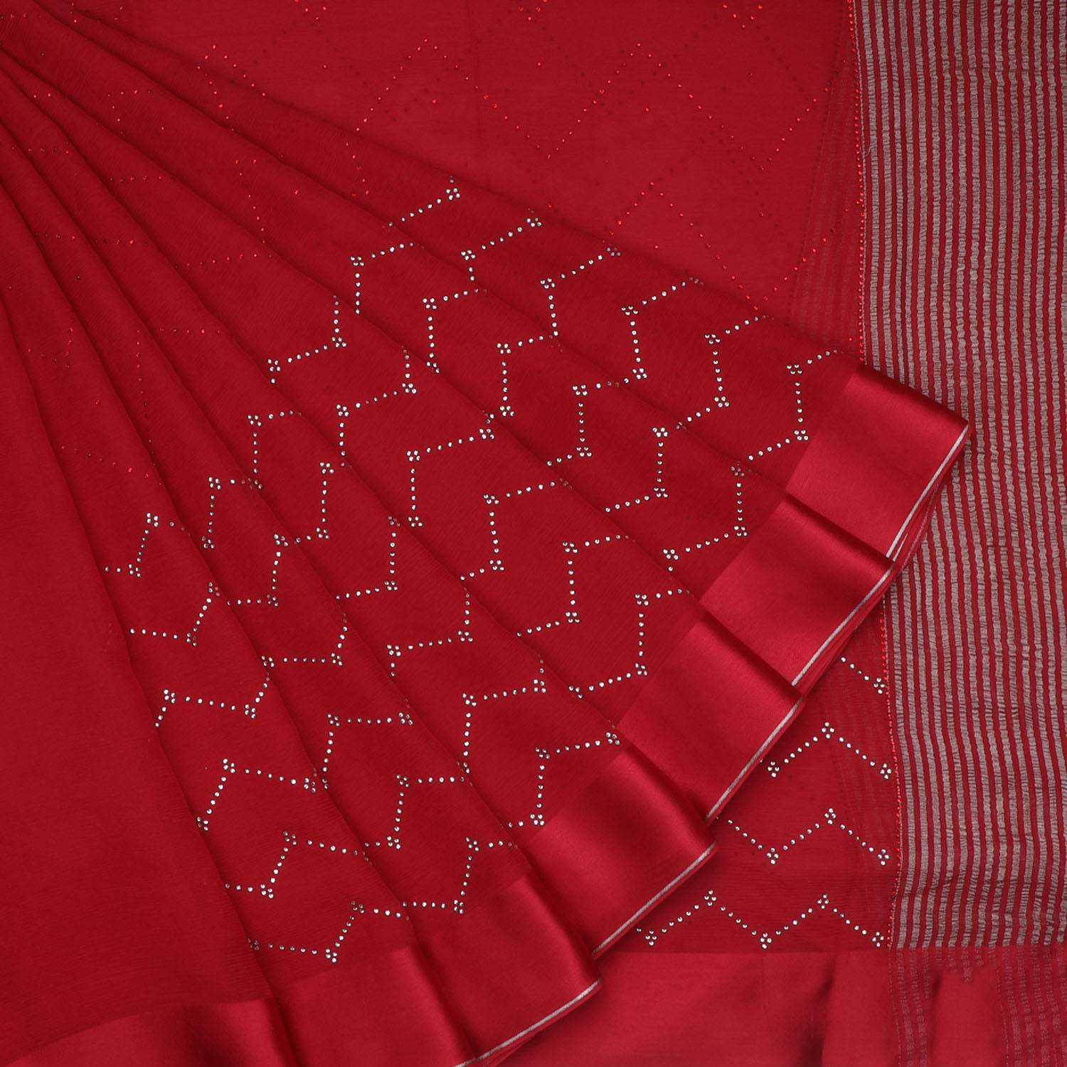 Blood Red Chiffon Saree With Embroidered Stone Work - Singhania's