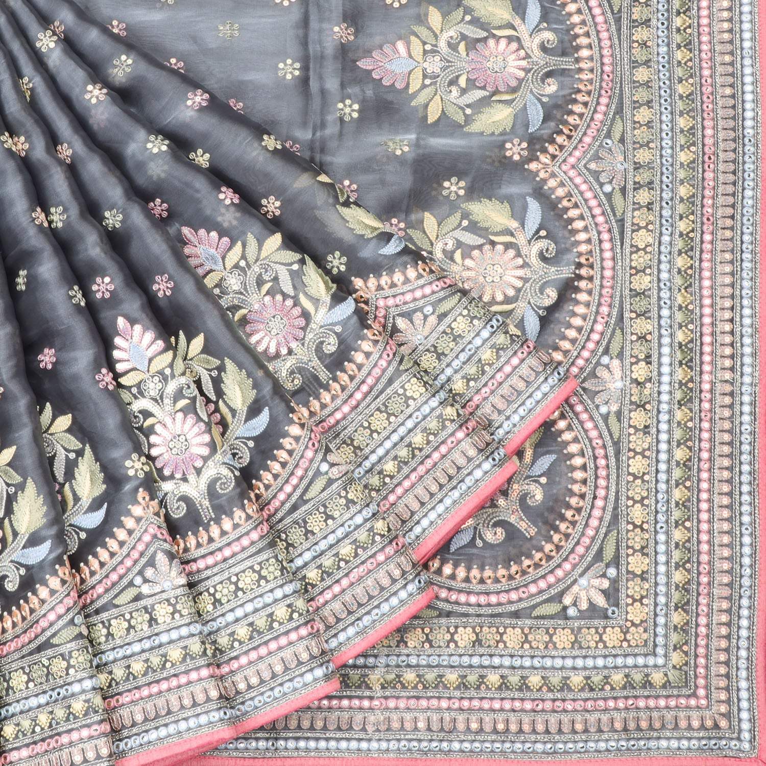 Earthy Grey Organza Saree With Floral Embroidery - Singhania's