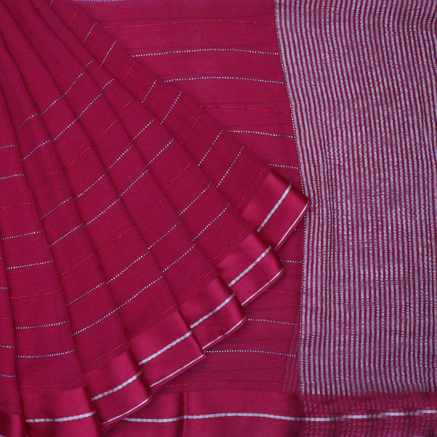 Dark Pink Chiffon Saree With Stone Embroidery - Singhania's