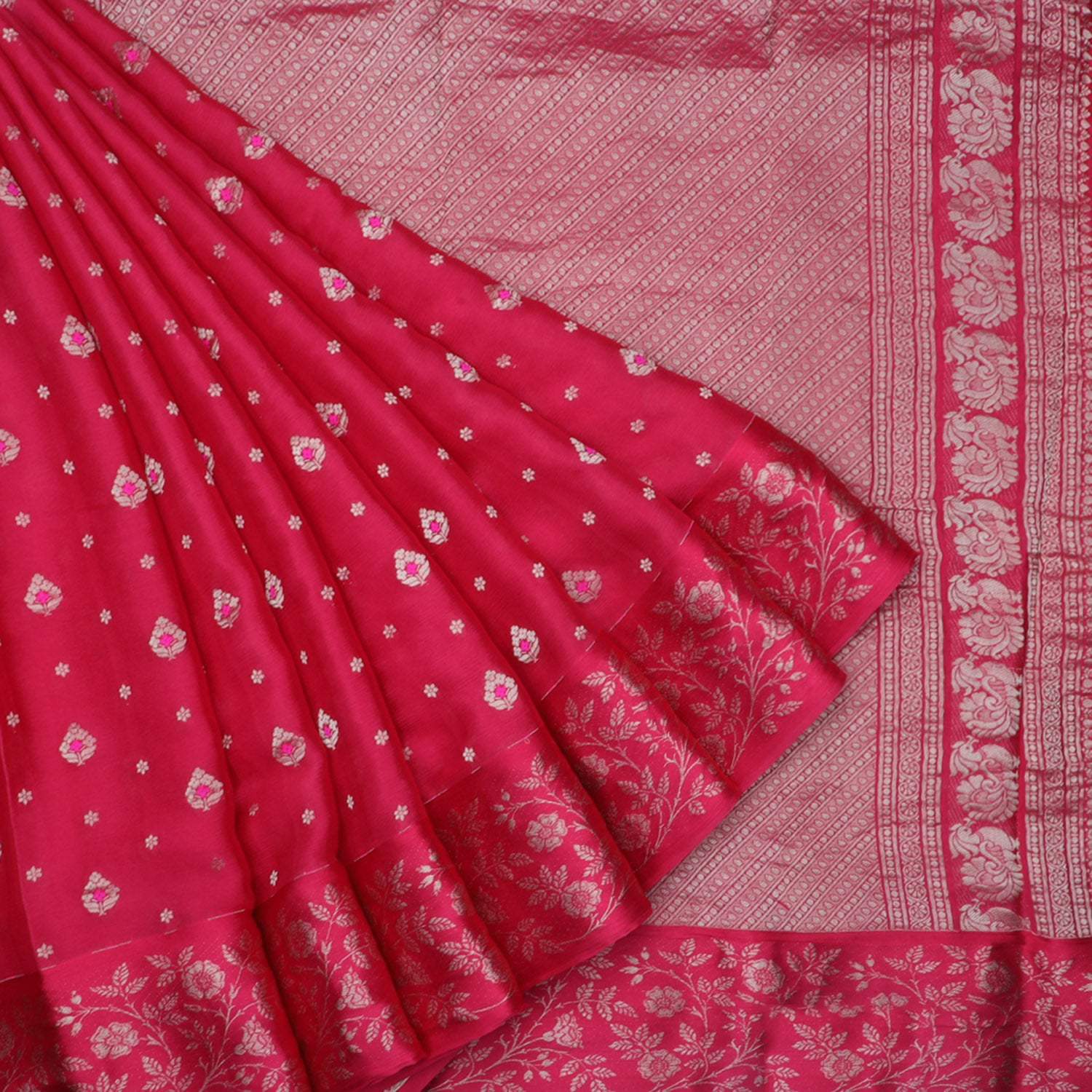 Deep Red Banarasi Silk Handloom Saree With Floral Buttis - Singhania's