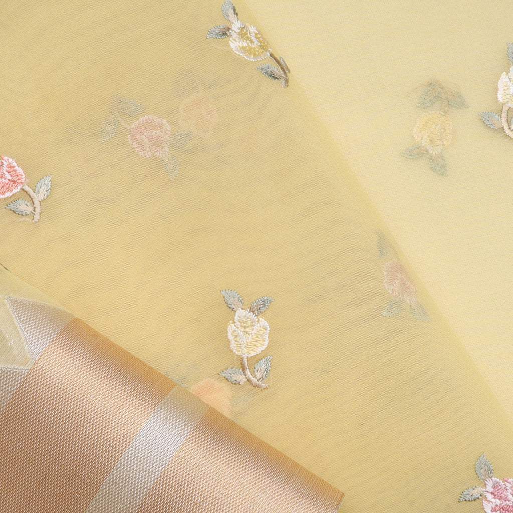 Parmesan Yellow Organza Saree With Floral Embroidered Pattern - Singhania's