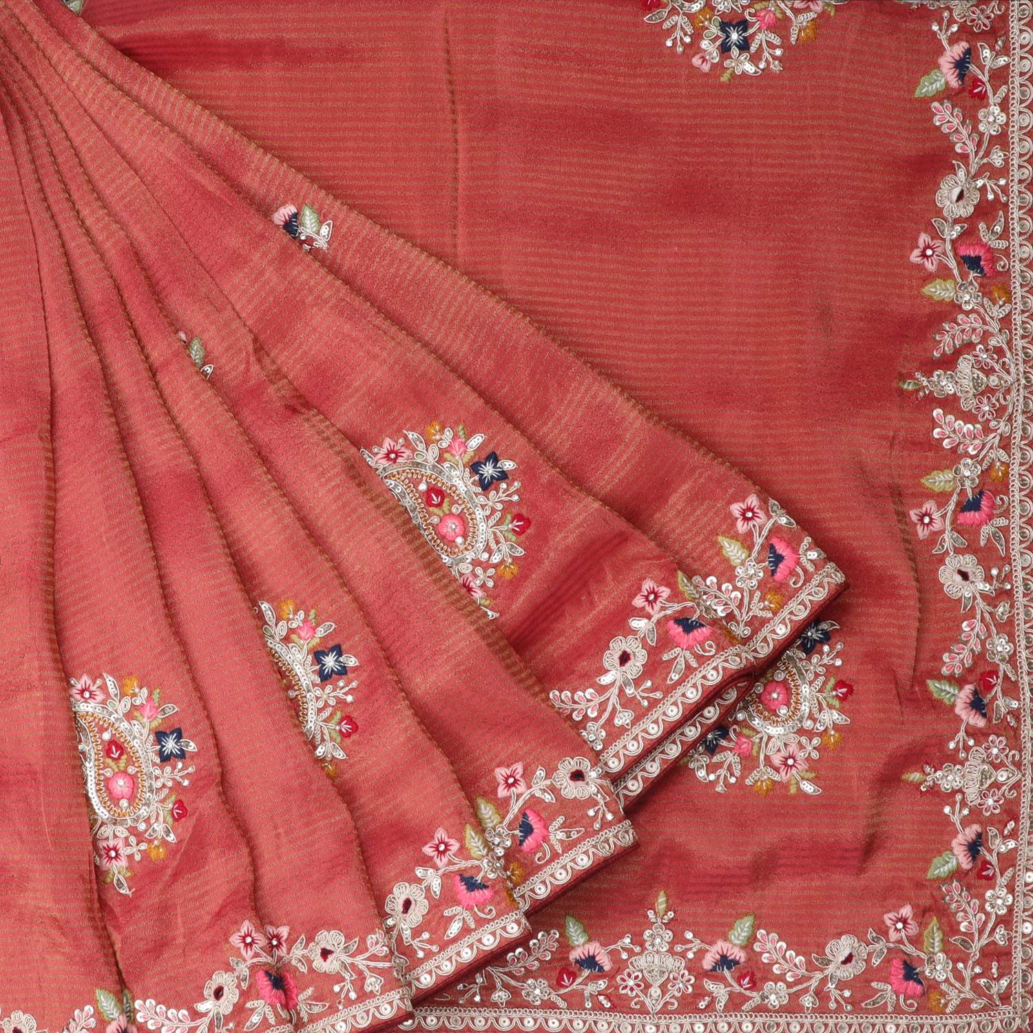 Rusty Orange Tissue Saree With Floral Embroidery - Singhania's