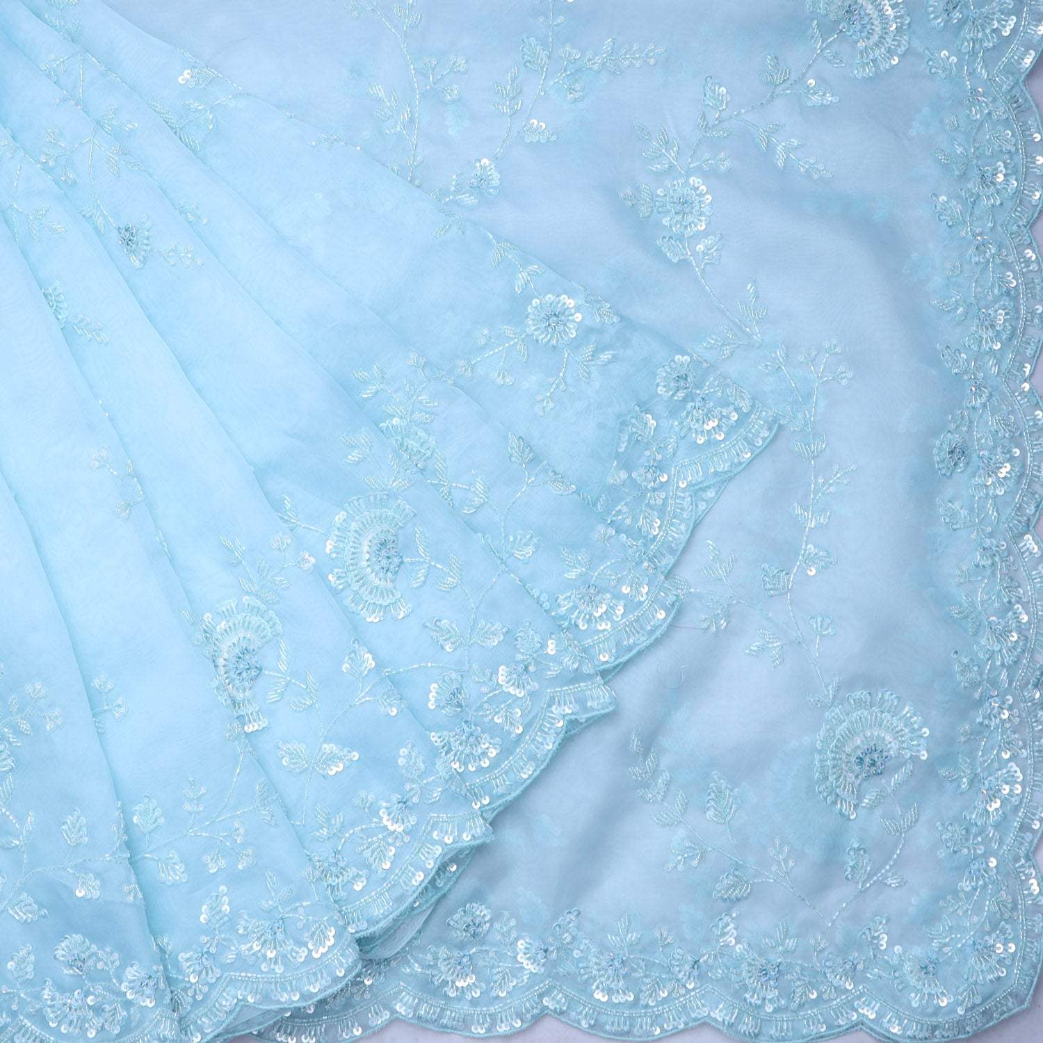 Ice Blue Organza Saree With Floral Embroidery - Singhania's