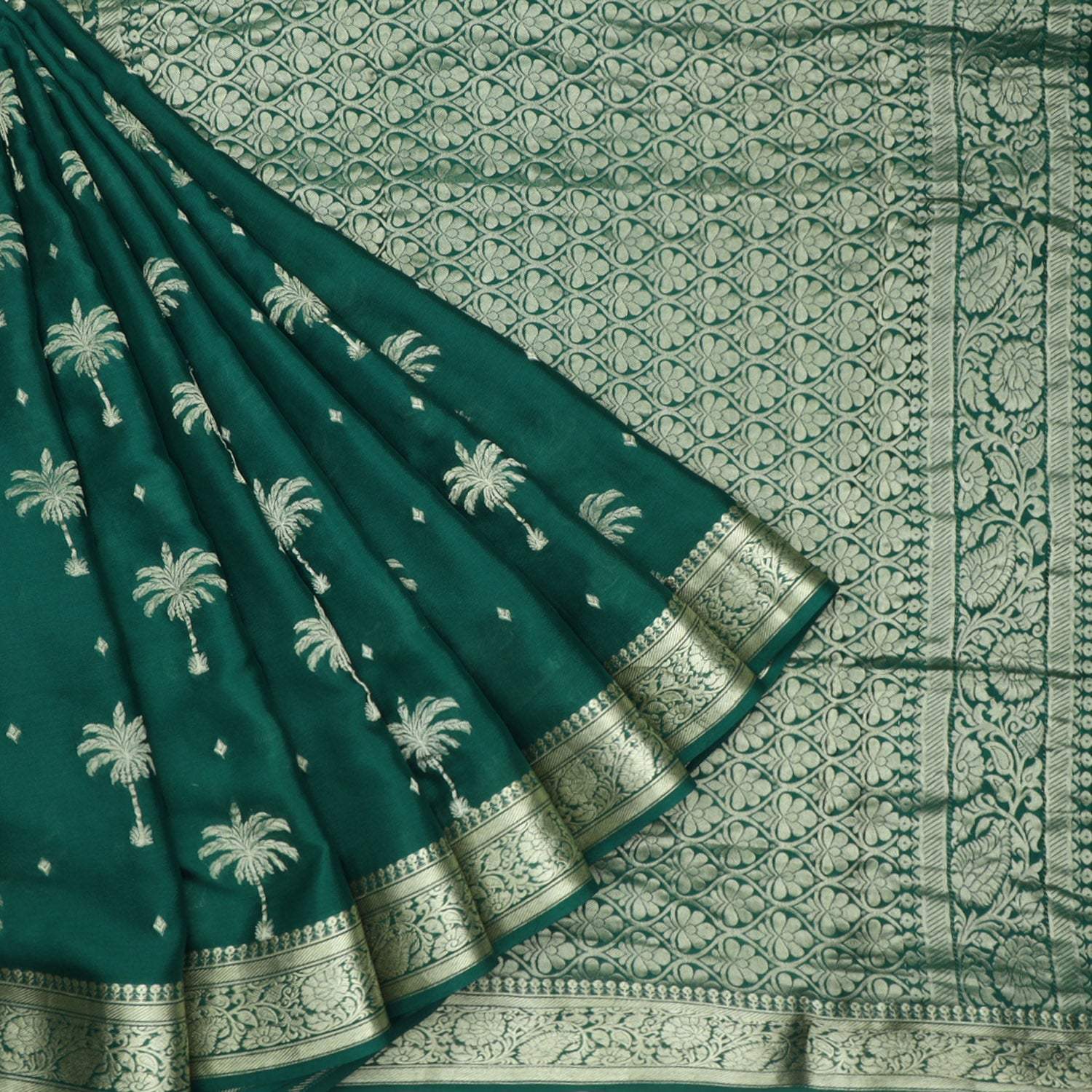 Dark Green Banarasi Silk Saree With Tree Motifs - Singhania's
