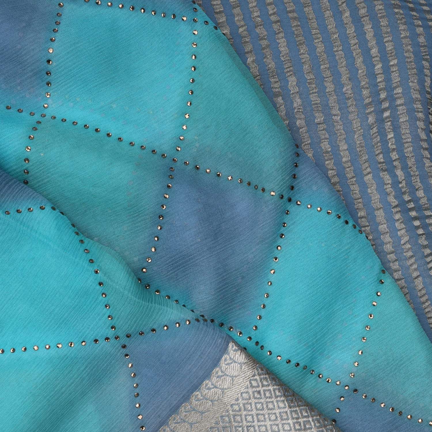 Shades Of Blue Chiffon Saree With Embroidered Stone Work - Singhania's
