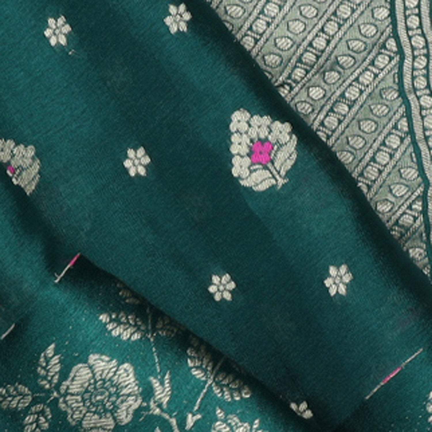 Dark Green Banarasi Silk Saree With Floral Buttis - Singhania's