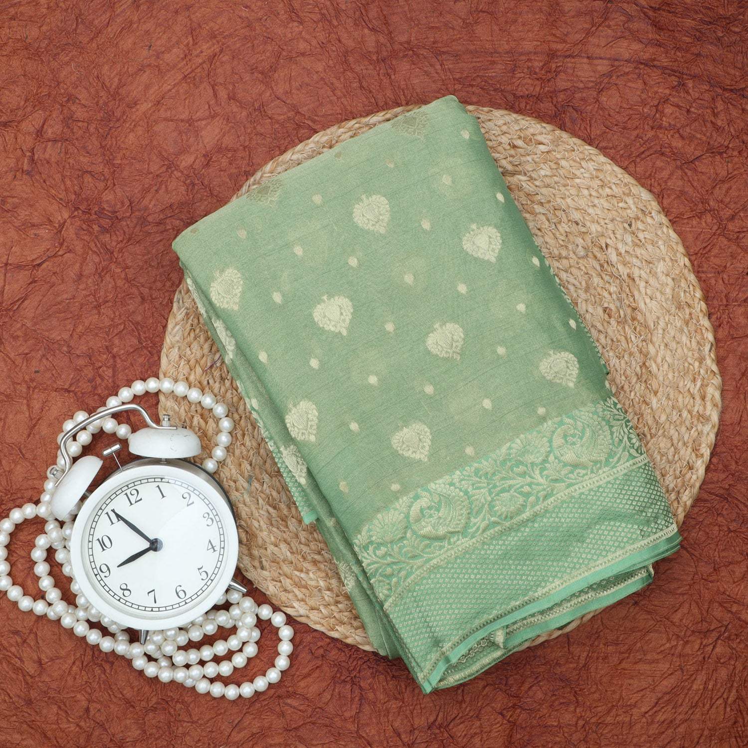 Pale Green Tissue Banarasi Silk Saree With Floral Buttas - Singhania's
