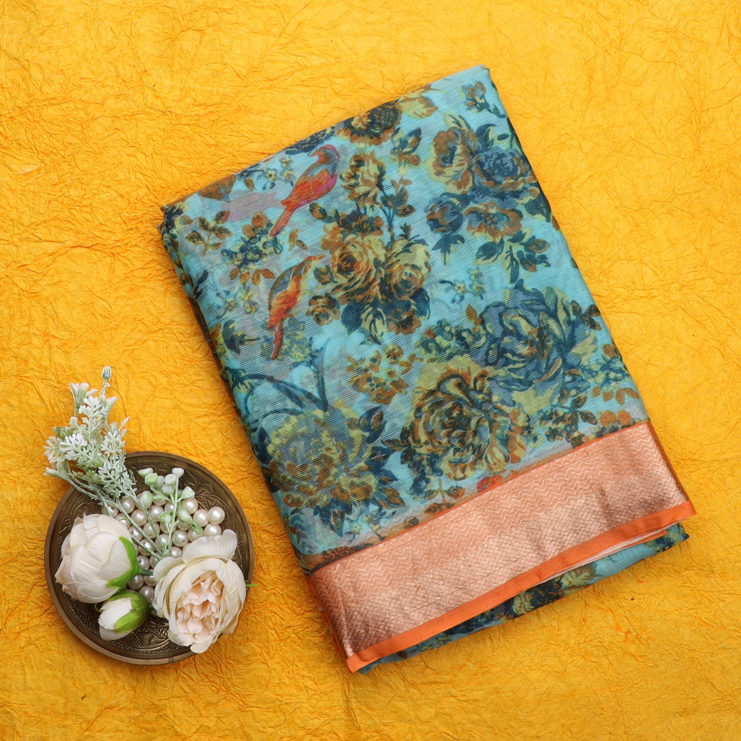 Blue Maheshwari Silk Saree With Printed Nature Inspired Pattern