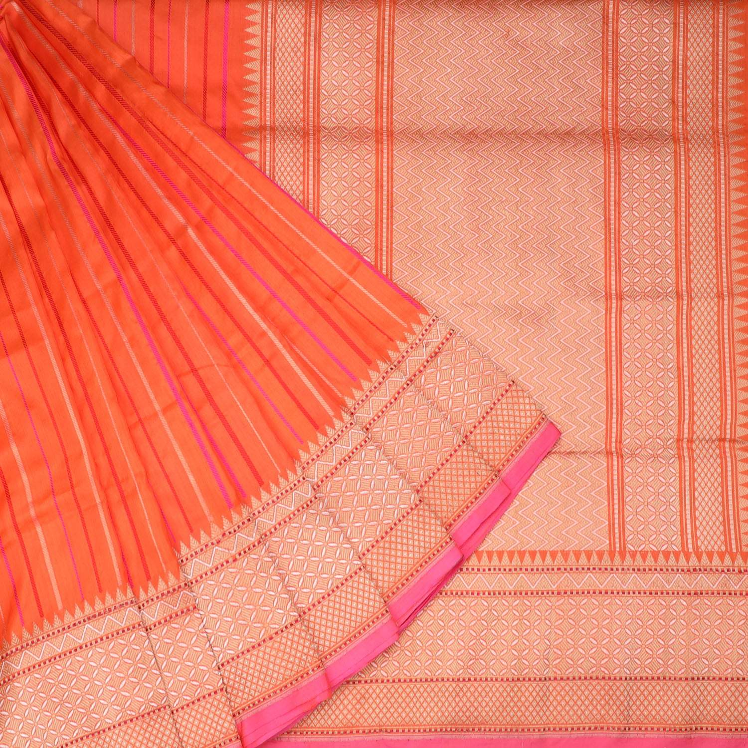 Orange Banarasi Silk Handloom Saree With Stripes Pattern - Singhania's