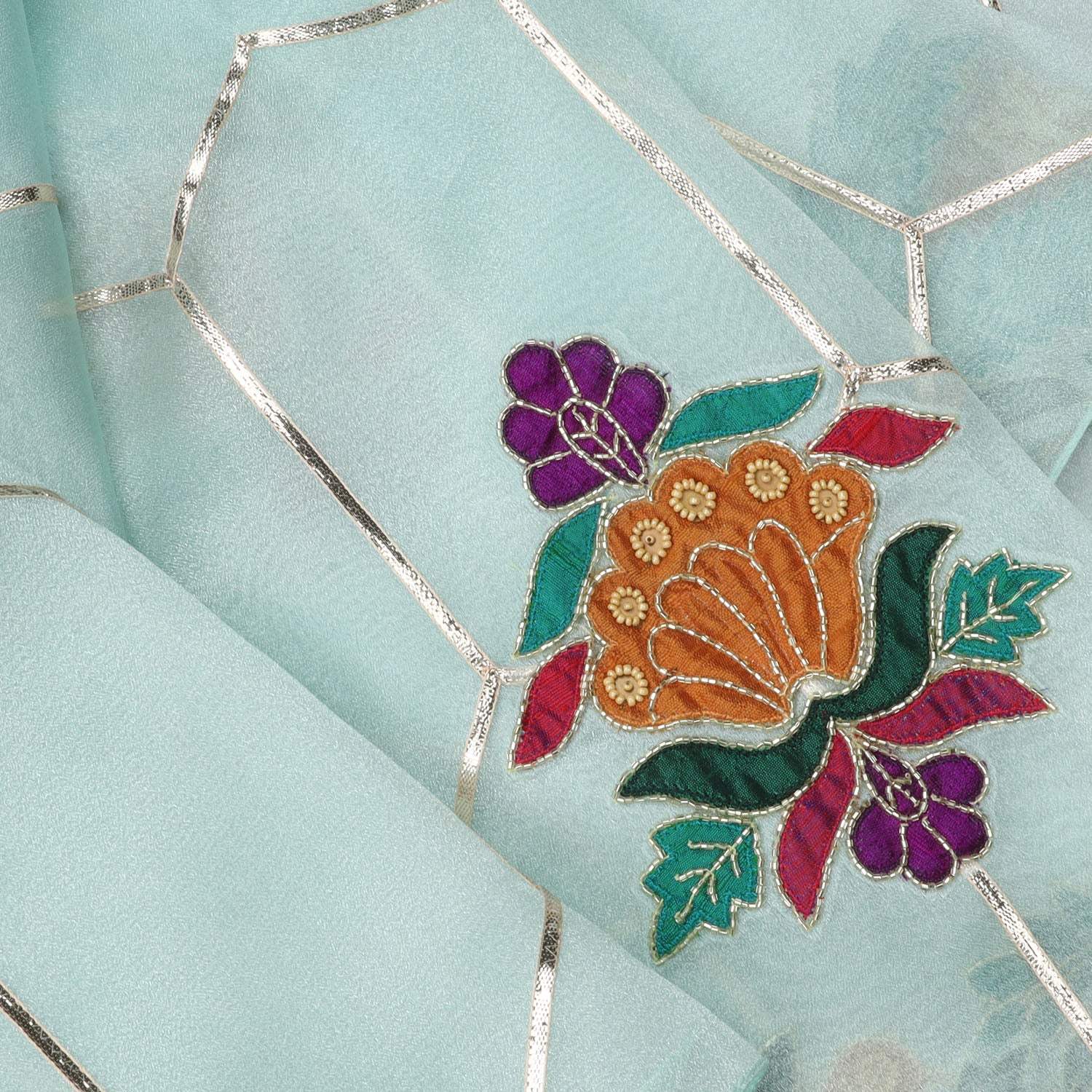Pastel Blue Tissue Saree With Floral Embroidery - Singhania's