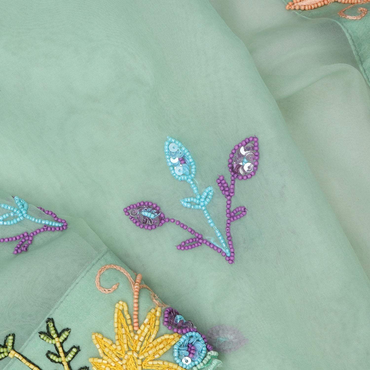 Pastel Green Organza Saree With Floral Embroidery - Singhania's